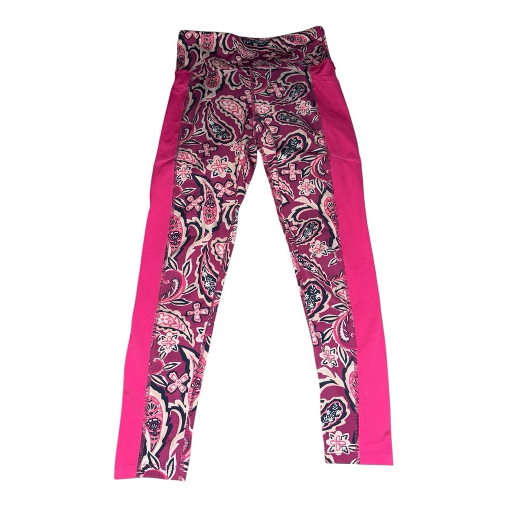 Lularoe LLR Rise Pink & Navy Color-block Paisley Active Crop Leggings Small